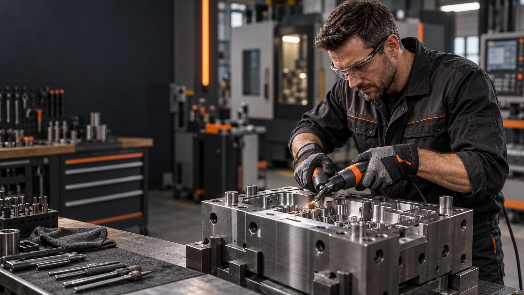 European metalworking technician using a die grinder in a precision workshop