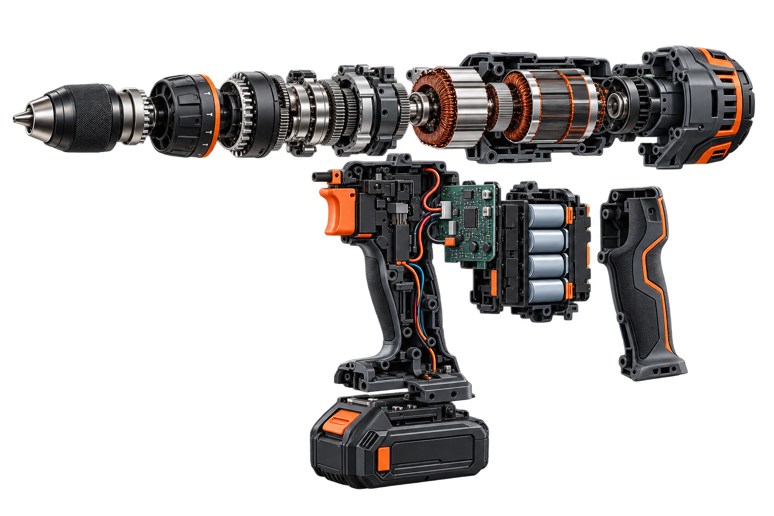 Exploded internal structure of a MINEN cordless drill