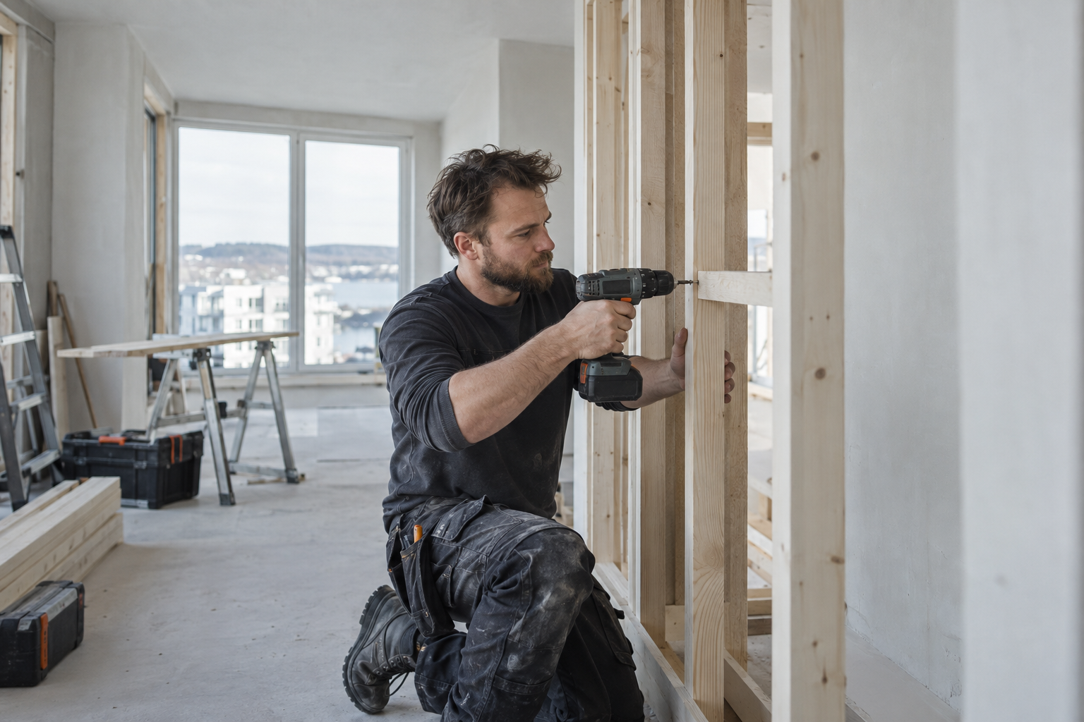 Carpenter using a cordless drill during a European apartment renovation