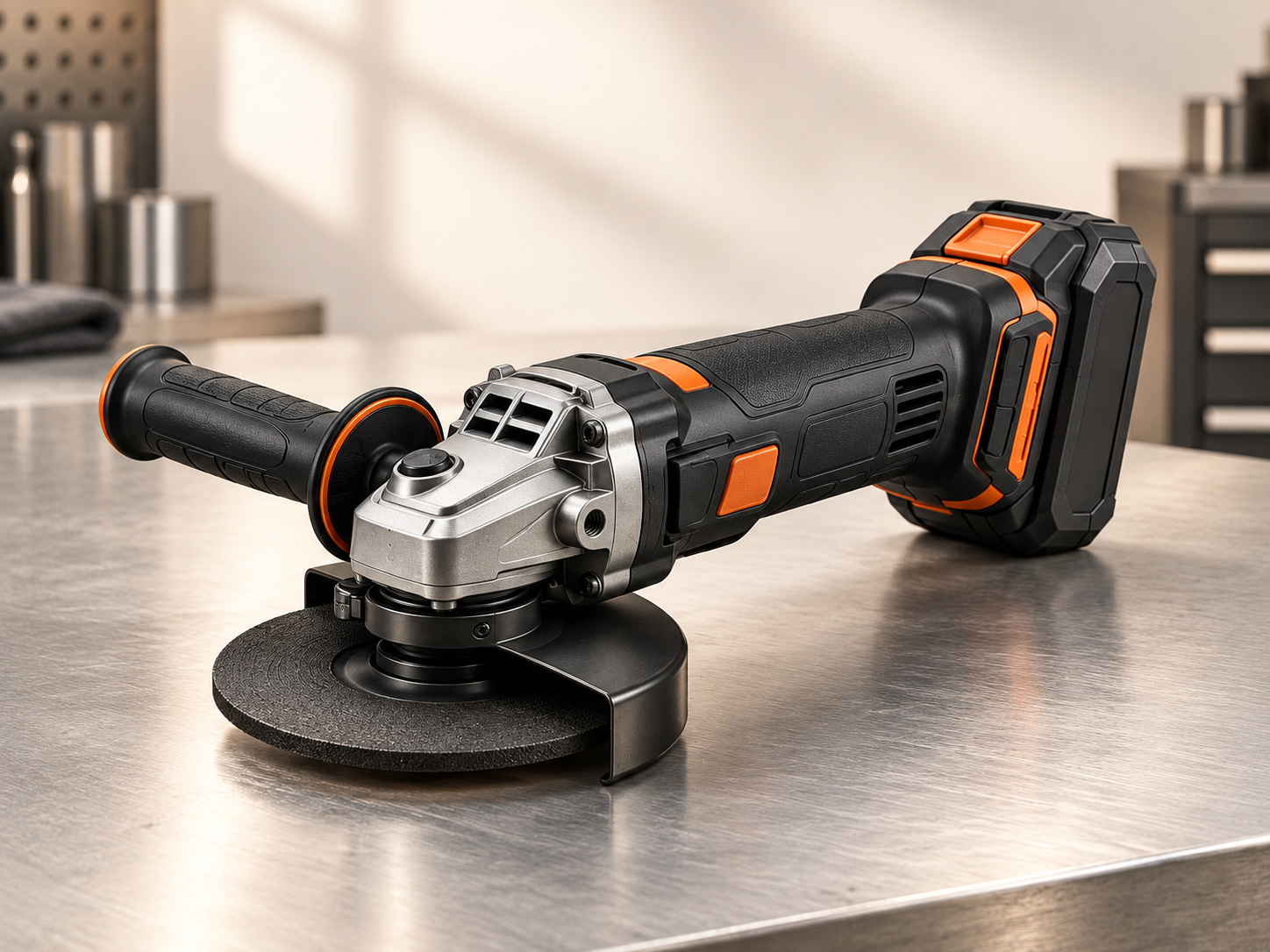 Cordless brushless angle grinder on a precision metal workbench
