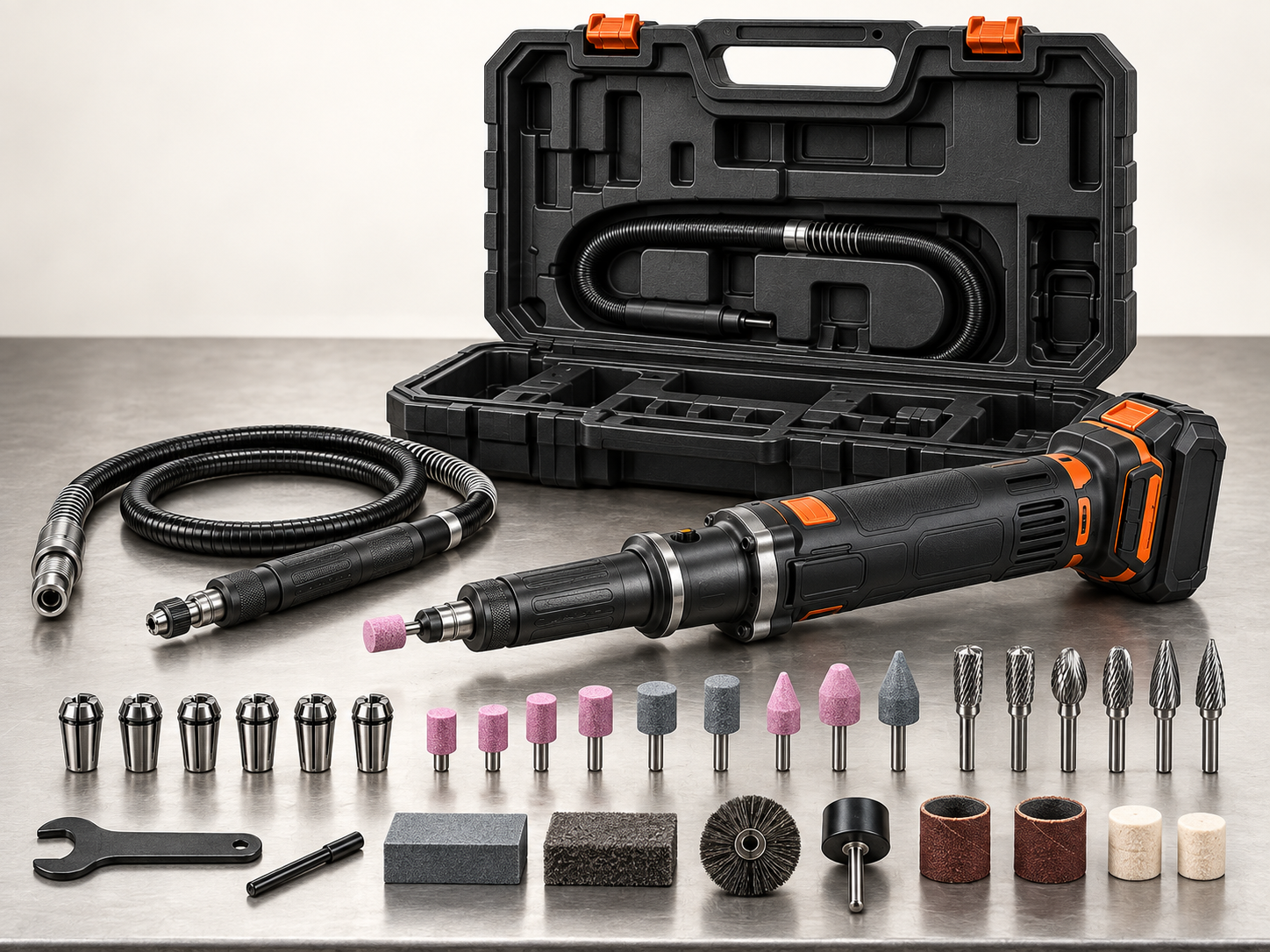 Professional die grinder kit with flexible shaft and finishing accessories