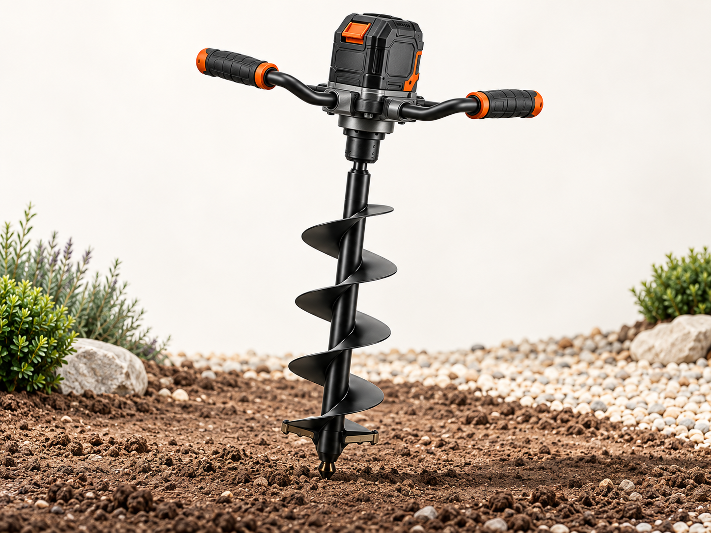 Cordless earth auger positioned over prepared garden soil